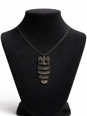 Antique Bronze Owl Pendant Necklace - Black Accent
